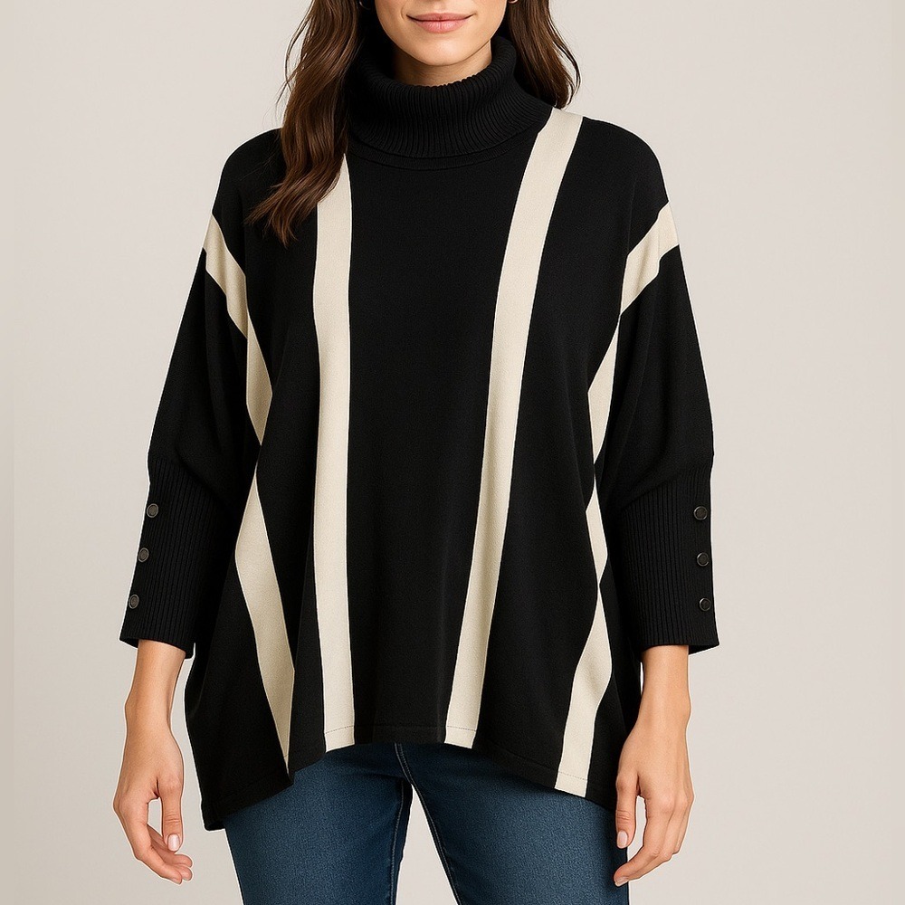 Turtleneck Black & White Striped Poncho Sweater Alfani Women Medium